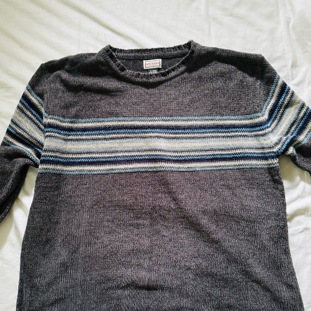 Pendleton Men's Charcoal and Blue Striped Crewneck Sweater
